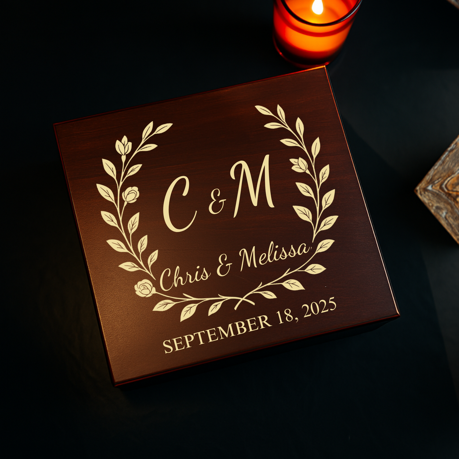 Personalized wedding keepsake box with engraved names and wedding date on cherry wood
