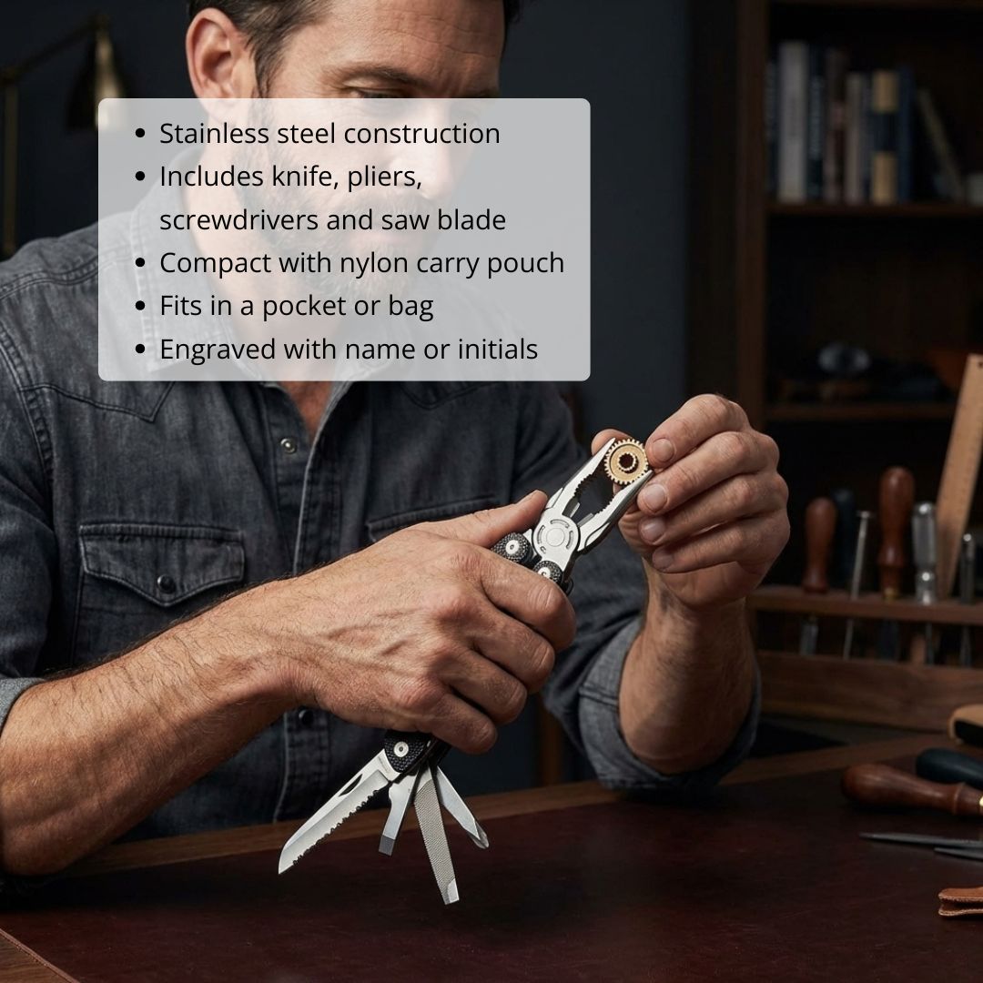 Man holding open stainless steel multi-tool with knife, pliers, screwdrivers, and saw blade fully extended against wooden workbench