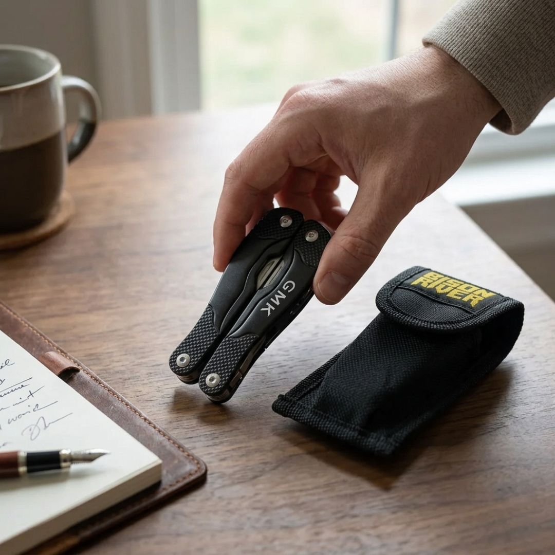Black multi-tool with engraved sample text held in hand, shown alongside matching carry pouch on wooden desk