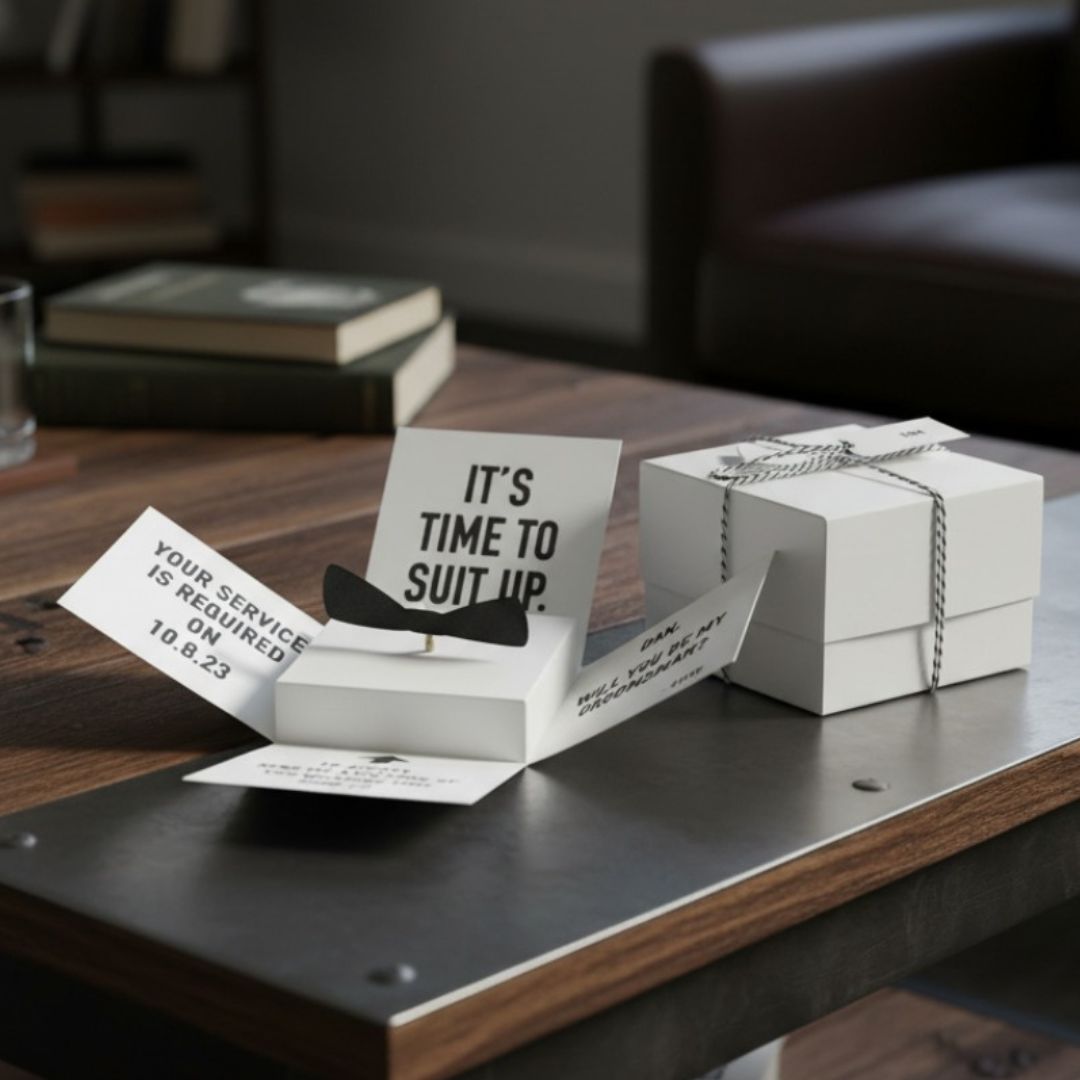 White proposal box with printed messaging including "It's Time to Suit Up" and sample text "Your Service is Required 10.8.23," displayed open on wooden table with coordinating gift box