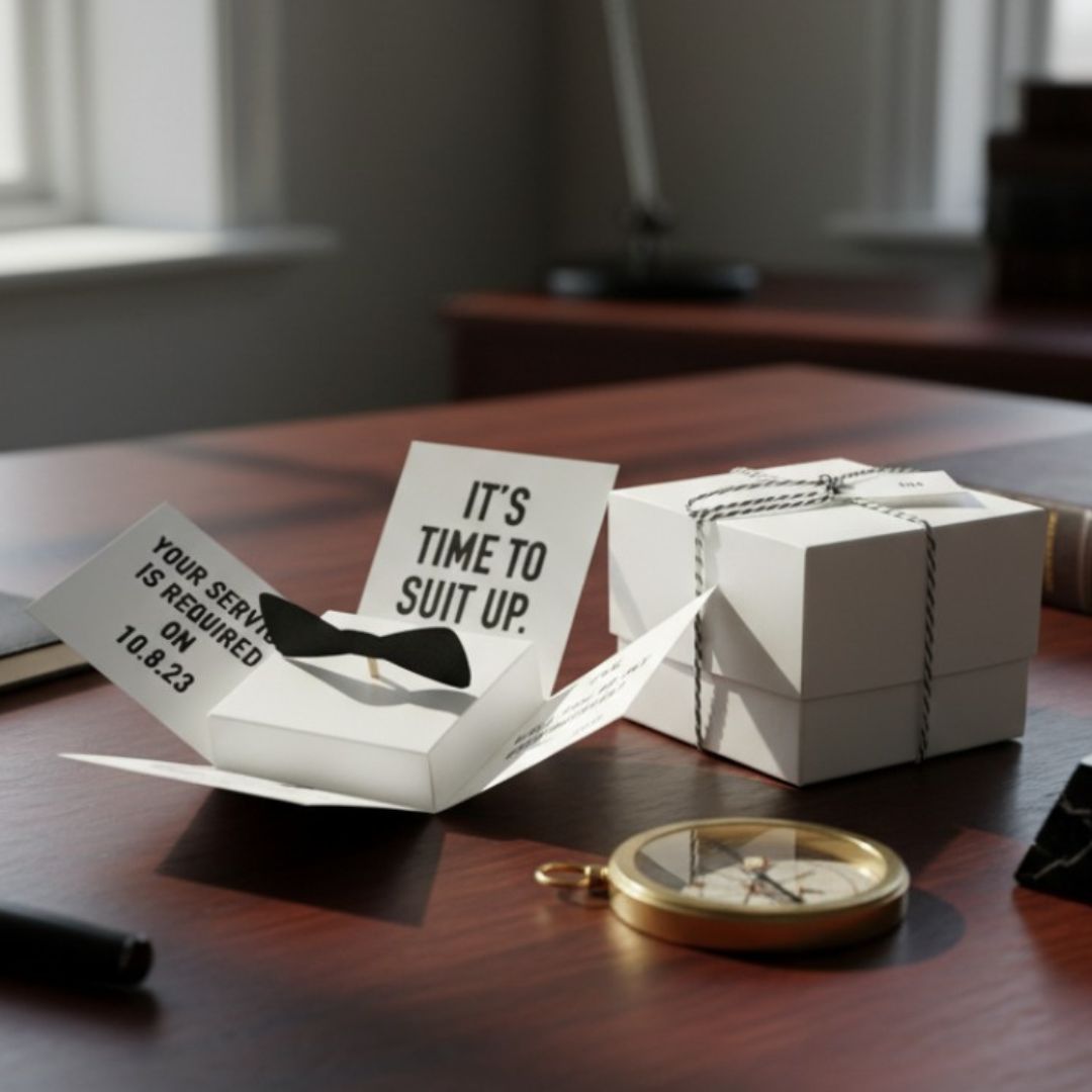White proposal box displayed open on wooden desk, showing "It's Time to Suit Up" text and black bow tie graphic, with matching white gift box tied with twine beside it