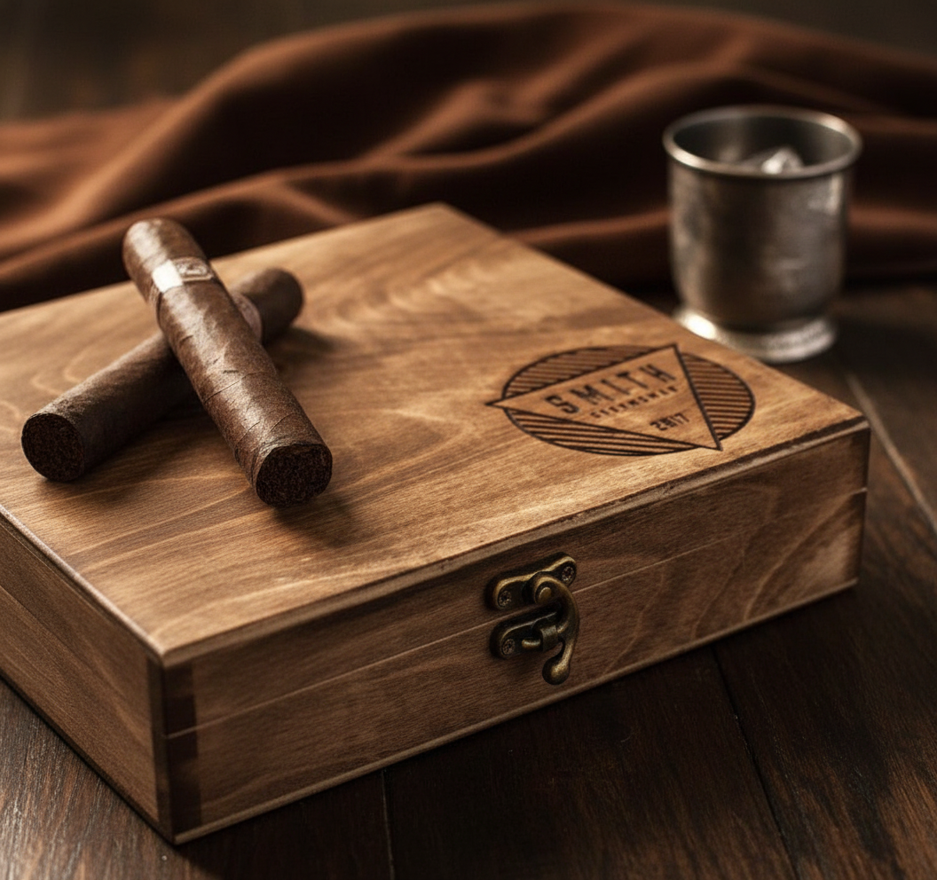 Birch wood cigar box with laser-engraved leaf design on lid, two cigars resting on top, metal latch closure, and whiskey glass on dark fabric background