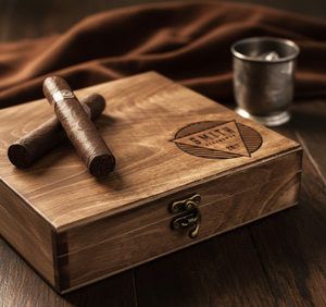 Birch wood cigar box with laser-engraved leaf design on lid, two cigars resting on top, metal latch closure, and whiskey glass on dark fabric background