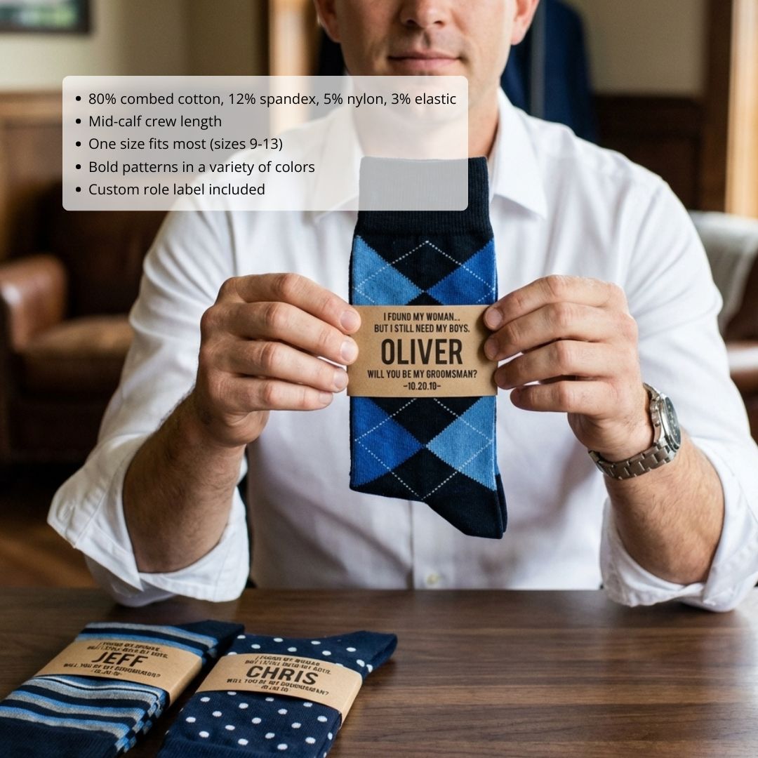 Man holding customized socks with sample personalized label reading "Oliver, Will You Be My Groomsman?" paired with blue and black argyle-patterned socks