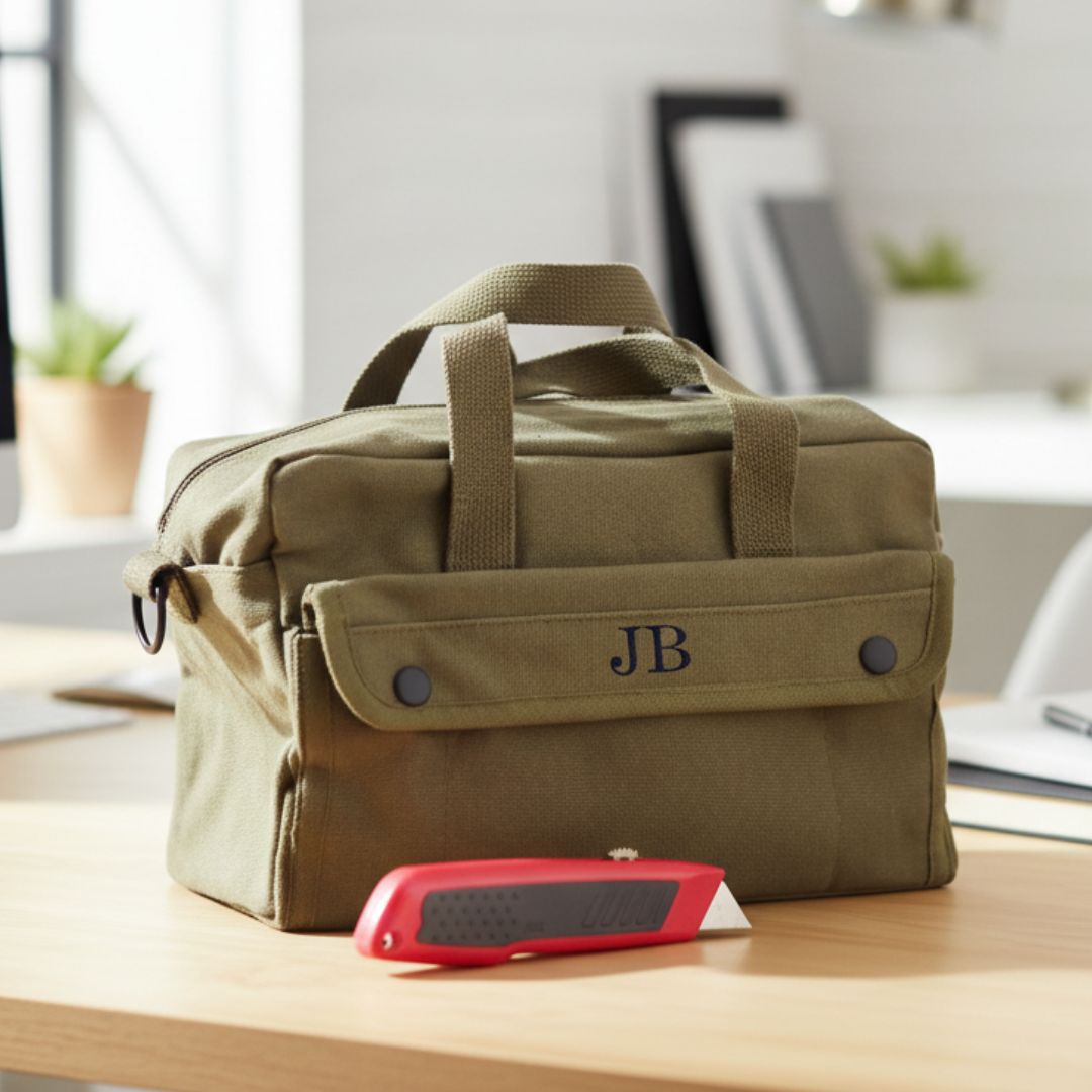 Tan canvas tool tote with dual handles and front flap pocket, personalized with sample monogram "JB" in navy lettering, displayed on wooden desk with red utility knife.