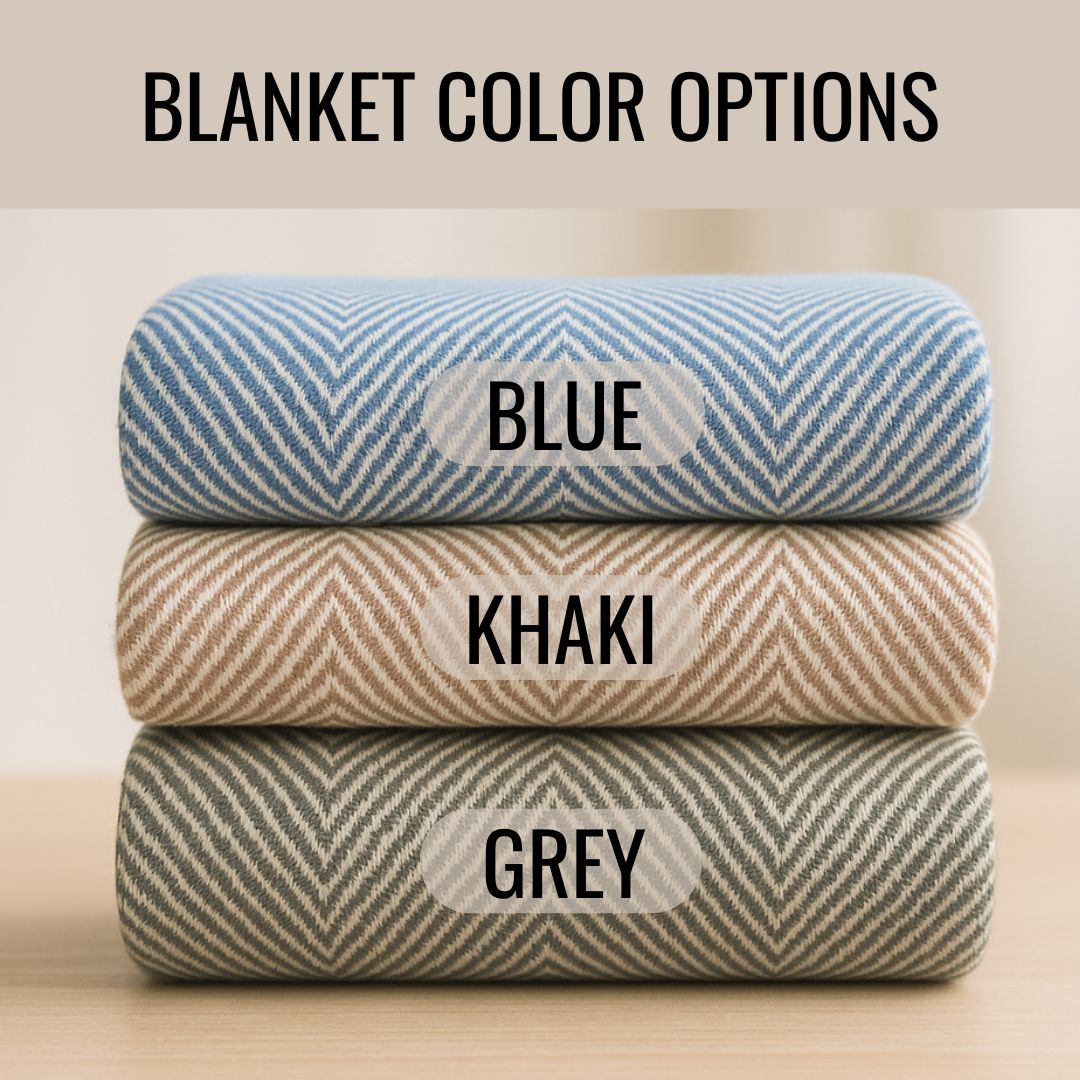 Three rolled blankets stacked vertically displaying color options: blue with white chevron weave at top, khaki with cream chevron weave in middle, grey with white chevron weave at bottom.