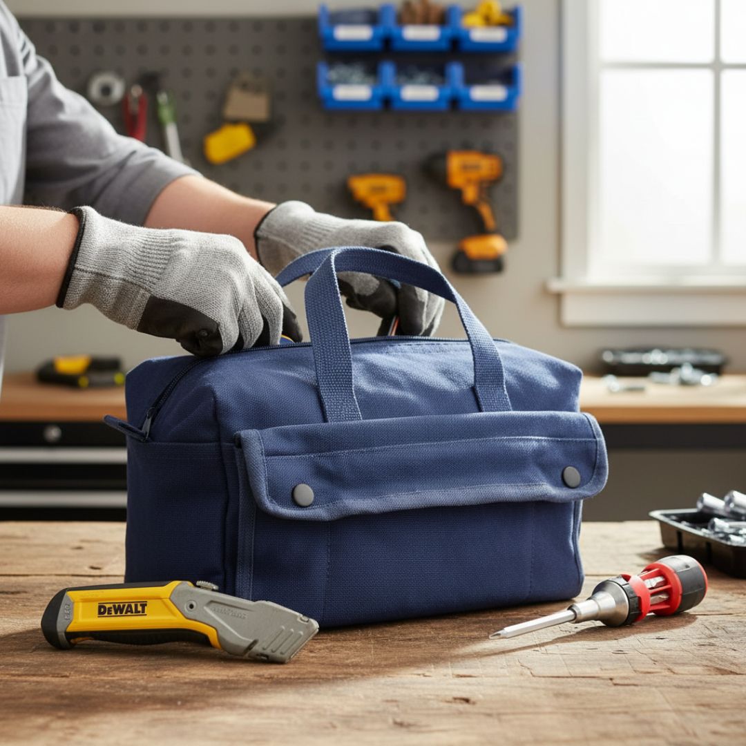 Navy canvas tool tote with dual handles being held in a workshop setting, surrounded by various tools and equipment on workbench