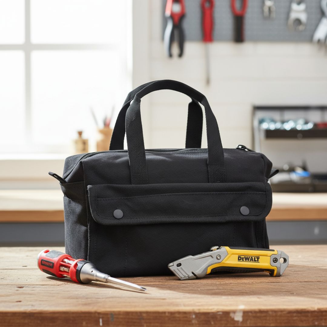 Black canvas tool tote with handles displayed on wooden workbench alongside red screwdriver and yellow utility knife in workshop setting