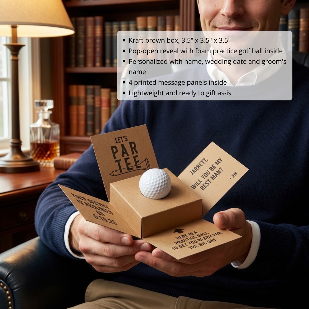 Kraft proposal box with pop-open design revealing foam practice golf ball and sample personalization reading "Let's Par Tee" and "Will you be my best man?