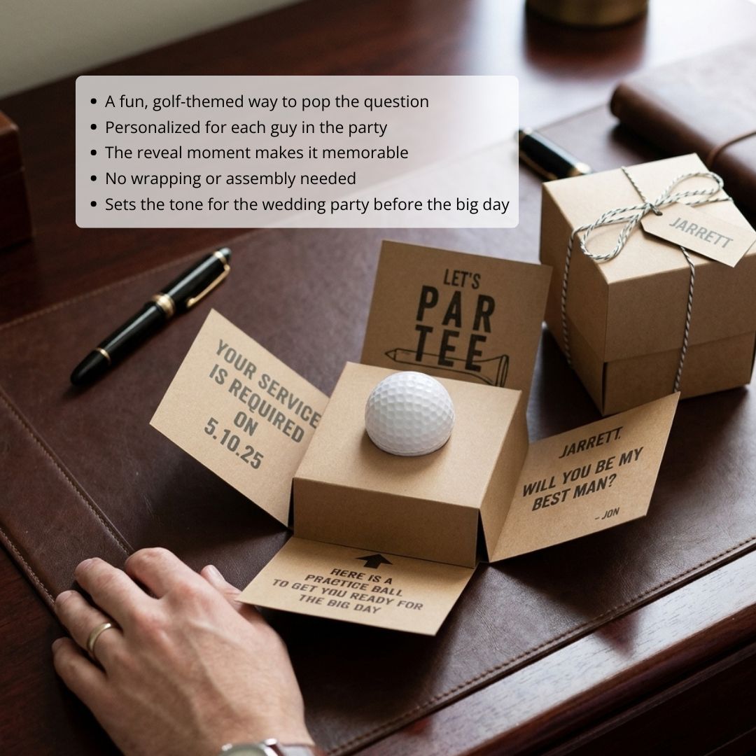 Kraft proposal box with personalized panels showing sample messages "Your Service is Required," "Let's Par Tee," and "Will You Be My Best Man?" with names Jarrett and Jon, containing white practice golf ball