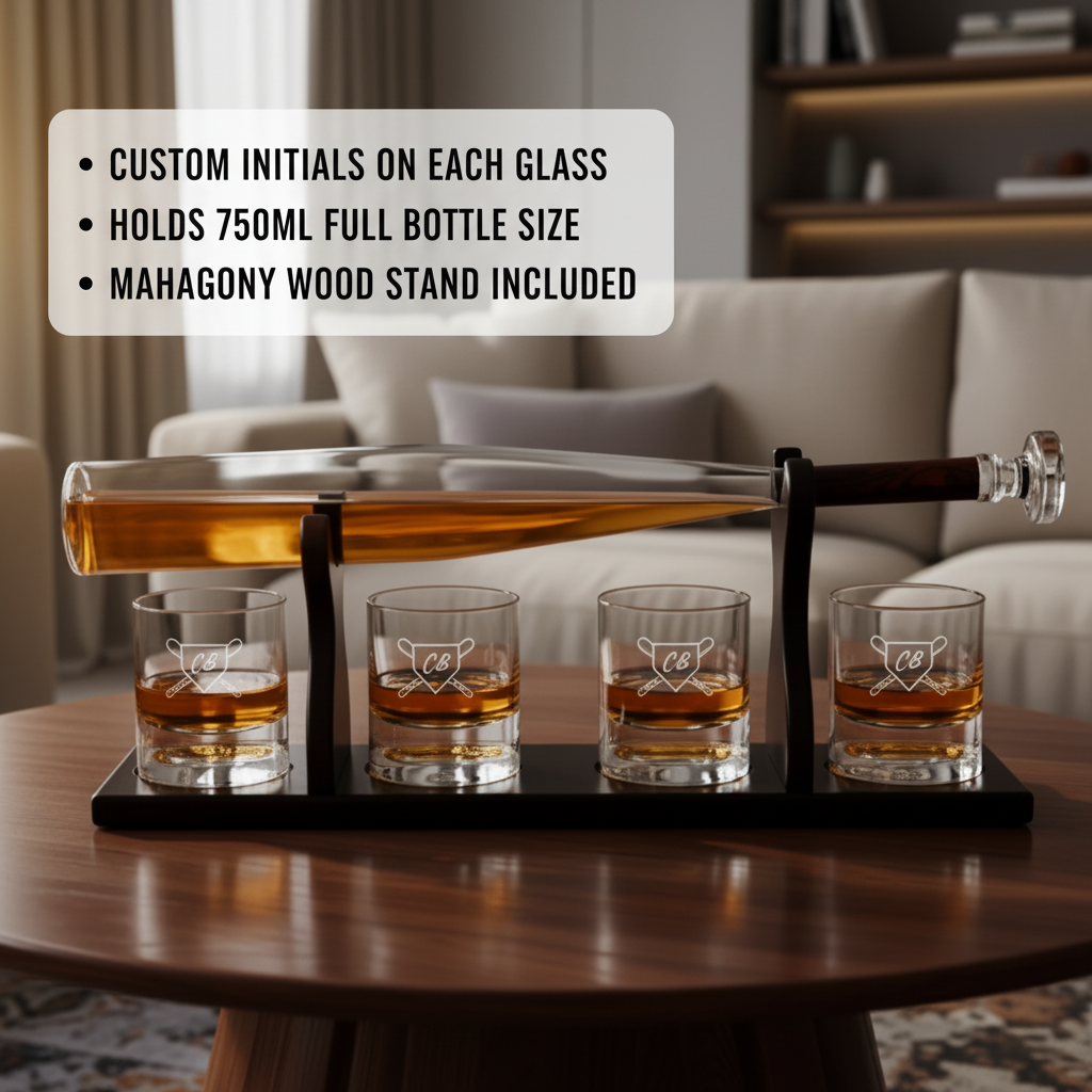 Four whiskey glasses with sample engraved initials and baseball bat design, filled with amber liquid, displayed on mahogany stand with bat-shaped decanter