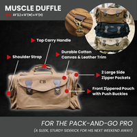 Tan canvas duffle bag with leather trim, personalized with sample monogram "CB", showing labeled features including top carry handle, shoulder strap, side zipper pockets, and front pouch with brass buckles