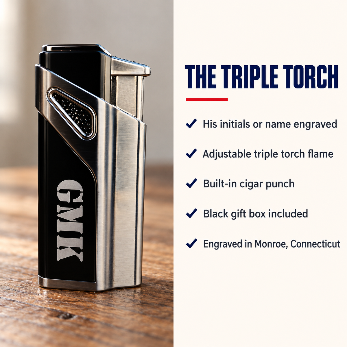 Engraved torch lighter details: his initials or name on the black face, an adjustable triple torch flame, built-in cigar punch and black gift box
