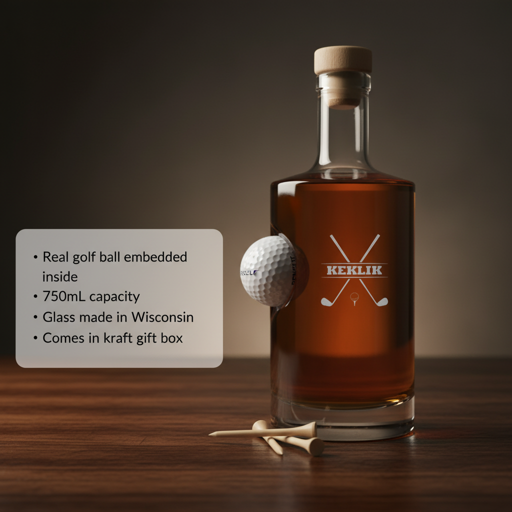Amber glass decanter with wood stopper and sample engraving reading "KEKLIK" with crossed golf clubs design, featuring embedded golf ball and wooden tees