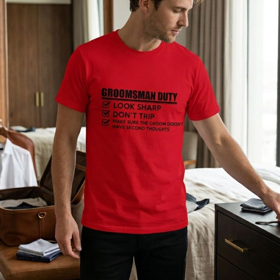 Red t-shirt printed with "Groomsman Duty" checklist featuring checked boxes and humorous instructions in black text.