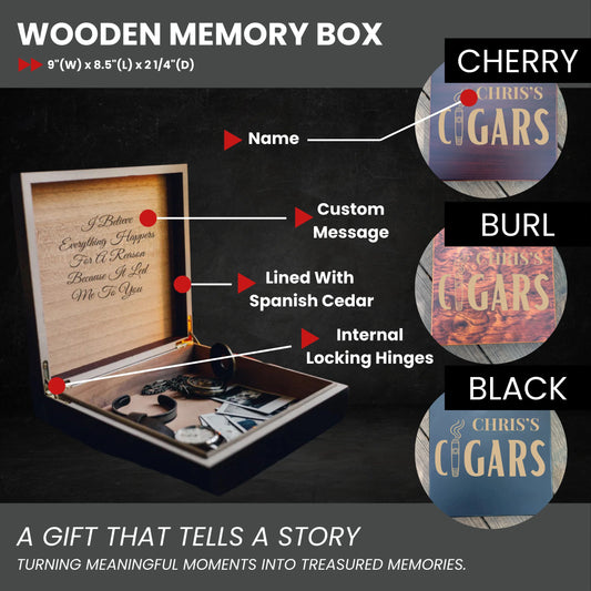 Custom engraved cigar keepsake box with name and optional message, lined with Spanish cedar