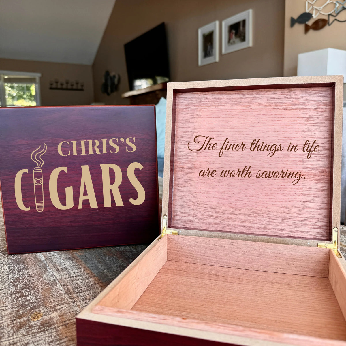 Custom engraved cigar keepsake box with name and optional message, lined with Spanish cedar