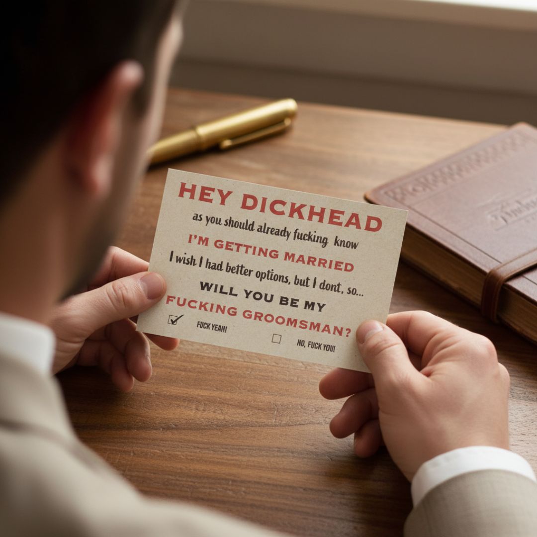 Person holding cream-colored proposal card with red and black printed text reading "Hey Dickhead" and "Will you be my fucking groomsman?" with checkbox options, wooden desk and pen in background