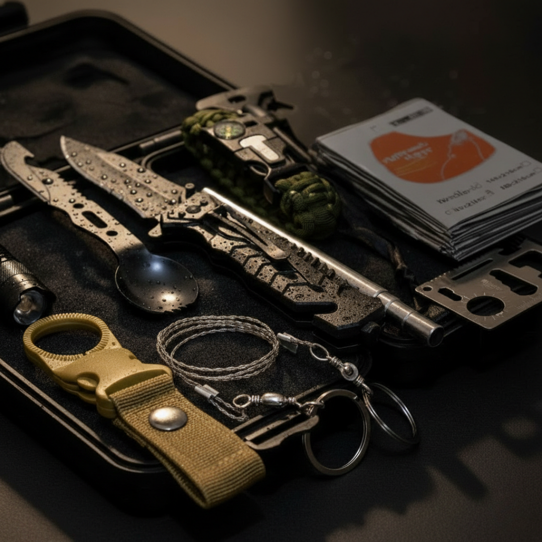 Flat-lay arrangement of survival kit contents including folding knives, compass, flashlight, fire starter, paracord bracelet, multi-tool spoon, and business cards on black case.