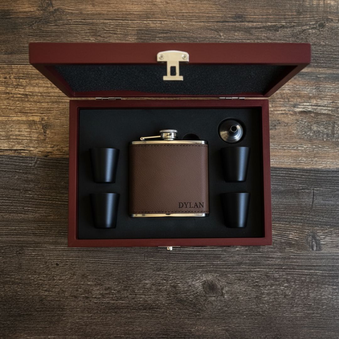 Leather Flask Gift Set