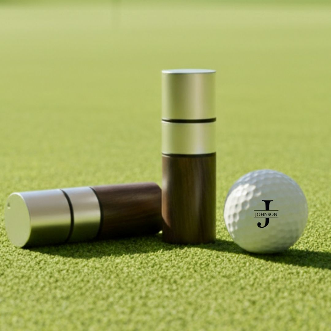 Cylindrical wooden golf ball stamp with brushed metal bands shown alongside a white golf ball monogrammed with sample initial "J" on artificial turf