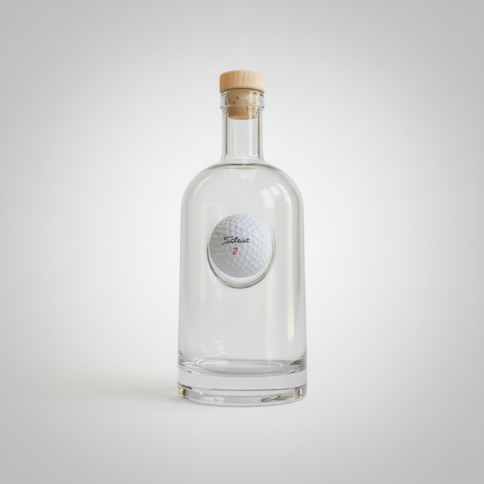 Clear glass decanter with natural wood cork stopper, featuring embedded golf ball with "Titleist 2" marking and sample engraving