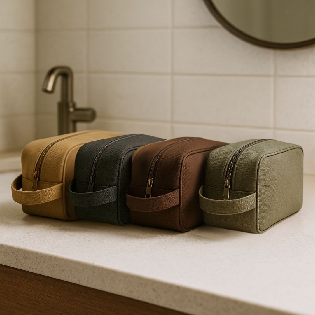 Four canvas toiletry bags displayed in tan, black, brown, and olive green, each with a carrying handle and top zipper closure.