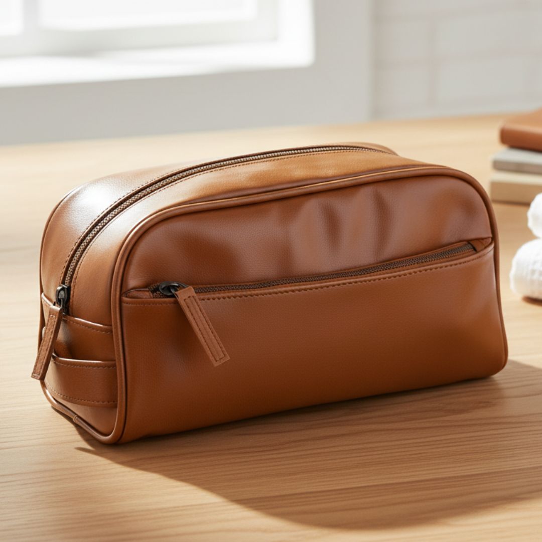 Tan brown leather toiletry bag with dual compartments and exterior zip pocket, displayed on wooden desk surface