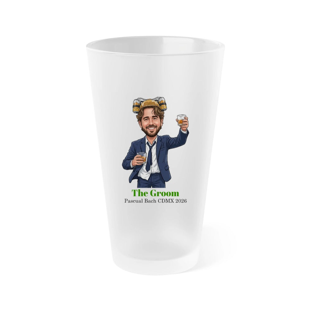 Frosted pint glass printed with sample cartoon character labeled "The Groom" in navy suit holding beer glasses, with "Pascual Bach CDMX 2026" text below