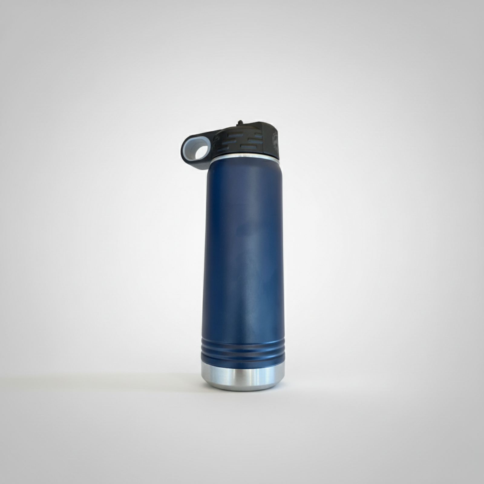 Navy insulated water bottle with black flip-top lid and stainless steel base band detail