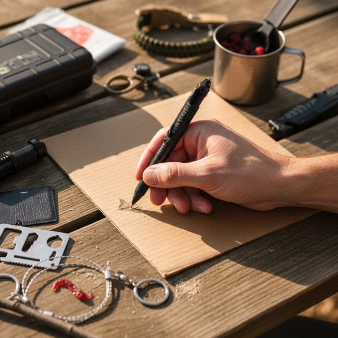 Hand holding black tactical pen while writing on kraft paper, surrounded by survival kit components including flashlight, multi-tool, bracelet, and metal cup on wooden surface