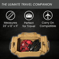 Tan canvas duffle bag open to show interior packed with red plaid blanket and black boots, demonstrating 50L storage capacity and carry-on compatibility
