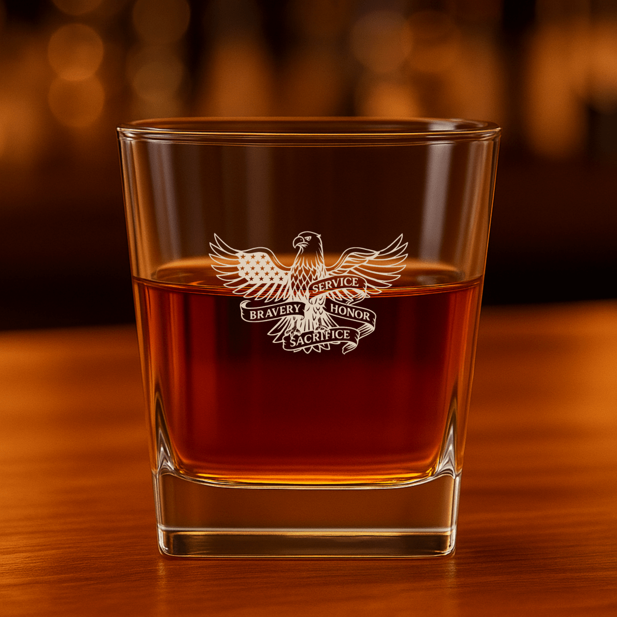 Whiskey glass with engraved eagle, American flag, and “Service, Bravery, Honor, Sacrifice” design