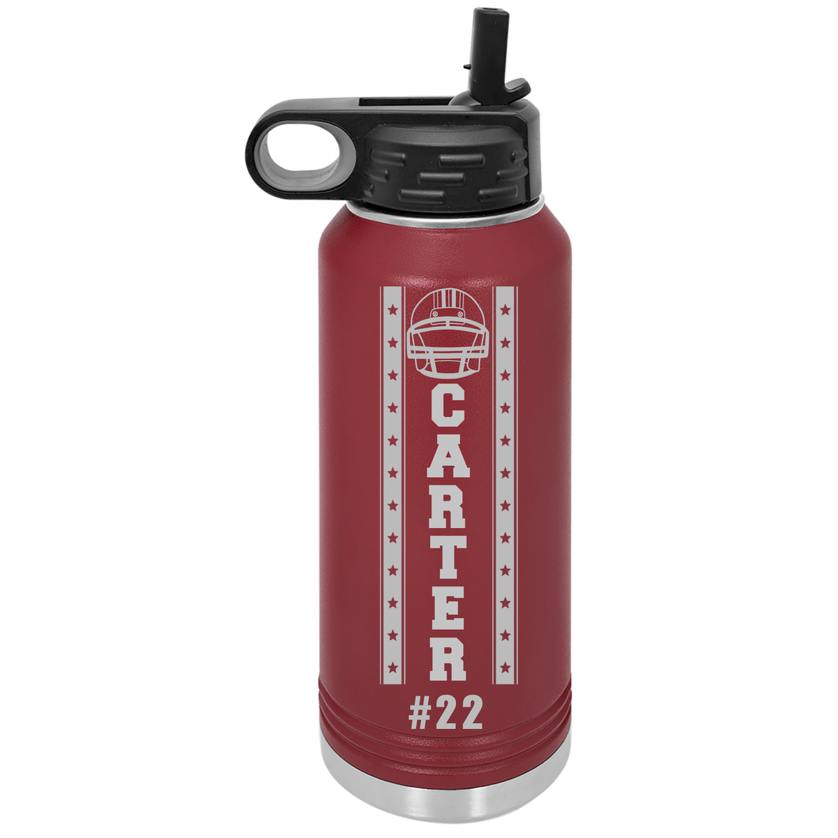 Personalized football groomsman water bottle engraved with the groomsman's name, a football groomsmen gift