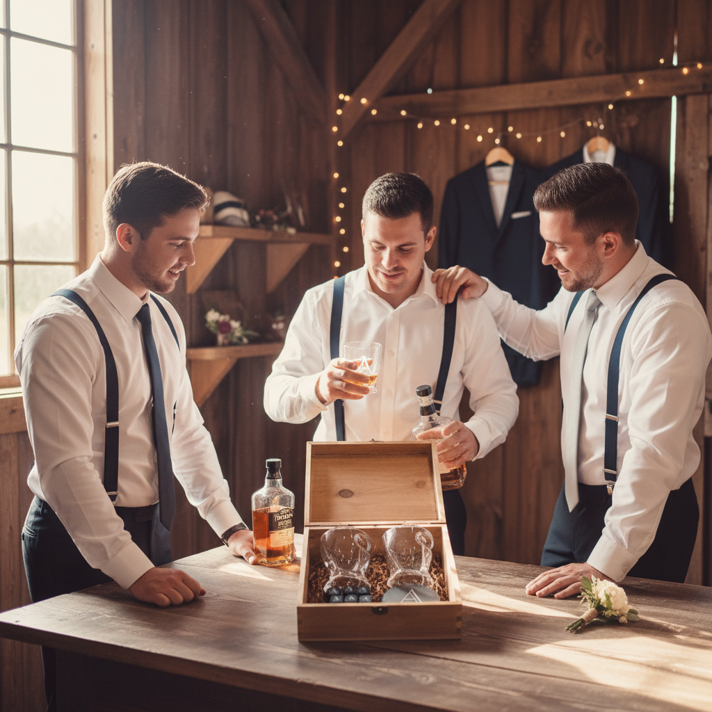 Three groomsmen in white dress shirts and suspenders examining an open wooden box containing whiskey glasses and accessories at a table