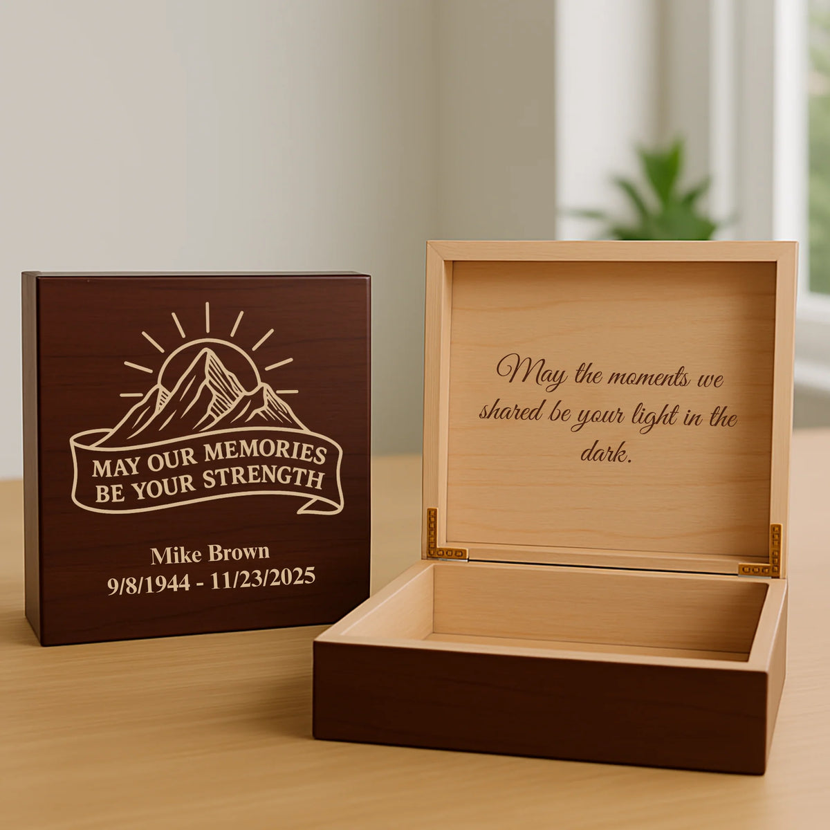 Custom wooden keepsake box for him with engraved name, memorial dates, and heartfelt interior message