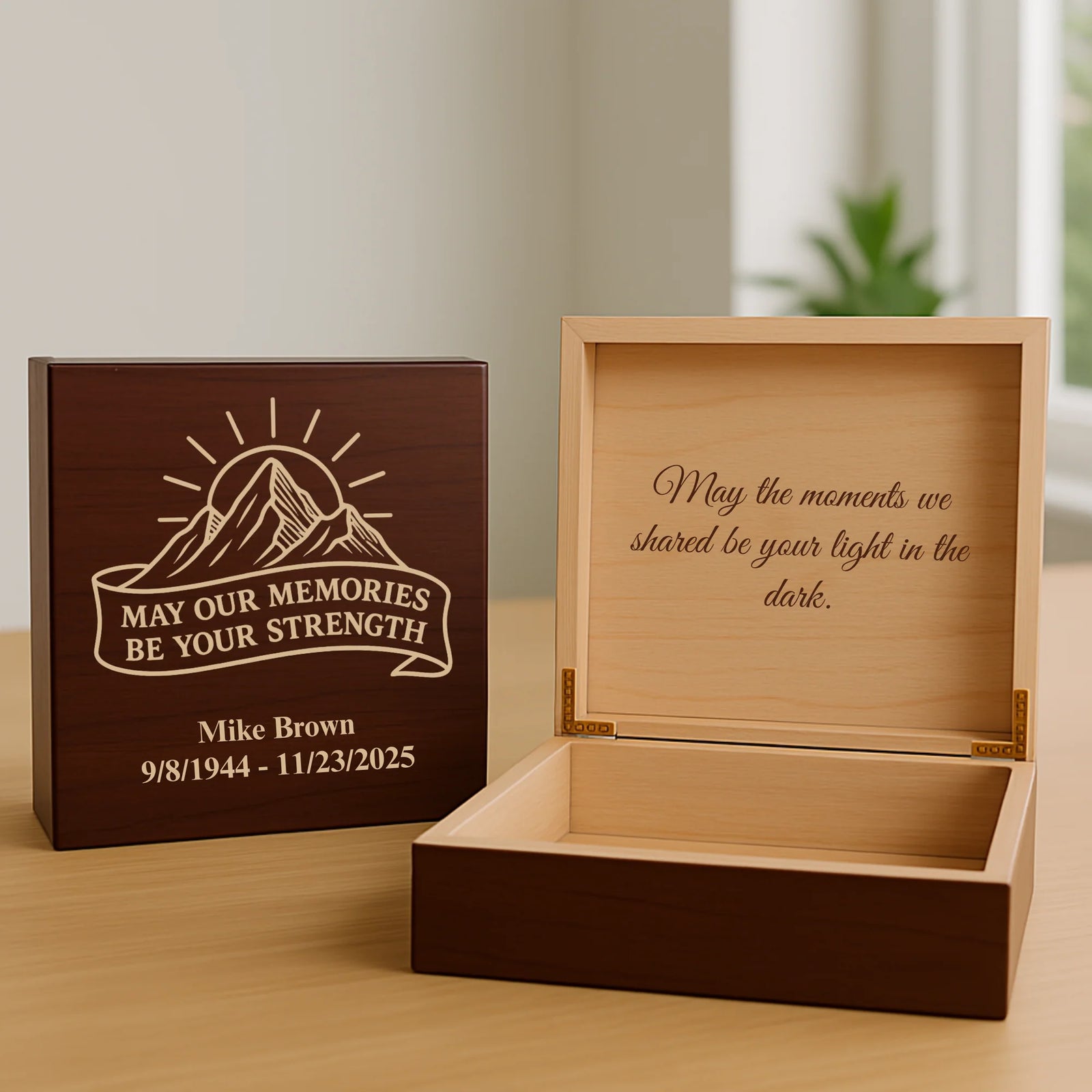 Custom wooden keepsake box for him with engraved name, memorial dates, and heartfelt interior message