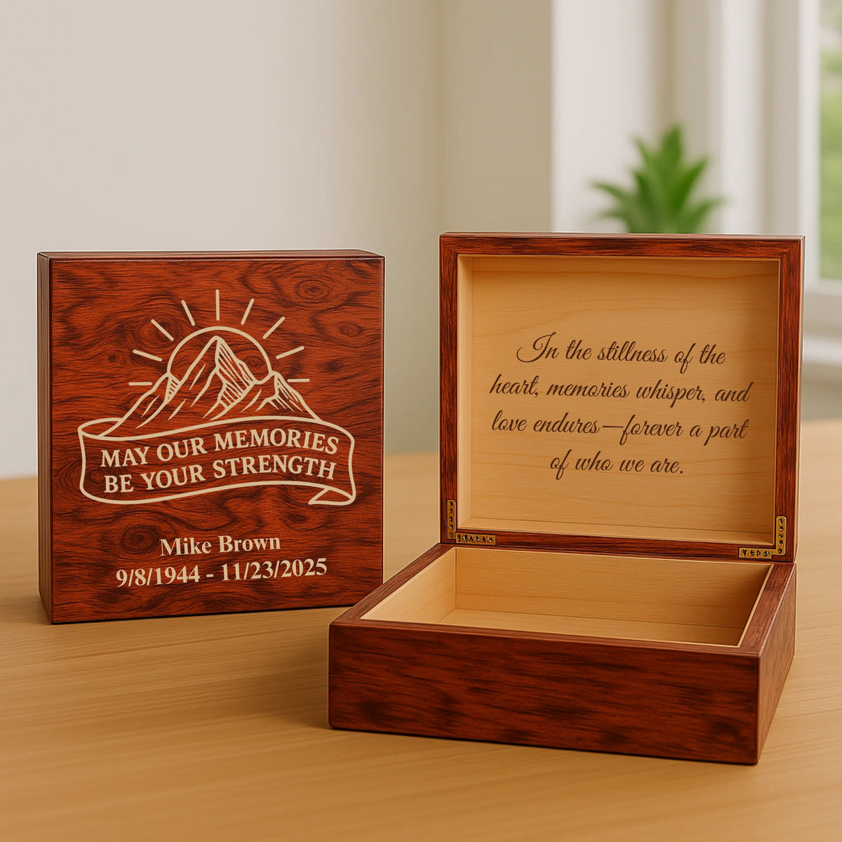 Custom wooden keepsake box for him with engraved name, memorial dates, and heartfelt interior message