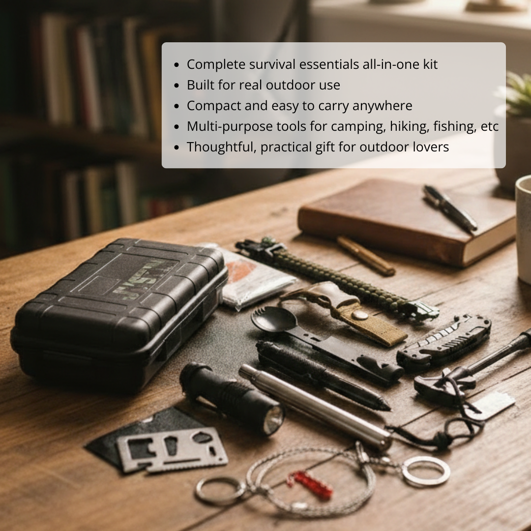 Survival kit laid out on wooden desk showing 14 multi-tools including knife, flashlight, fire starter, wire saw, tactical pen, compass bracelet, and black waterproof carrying case