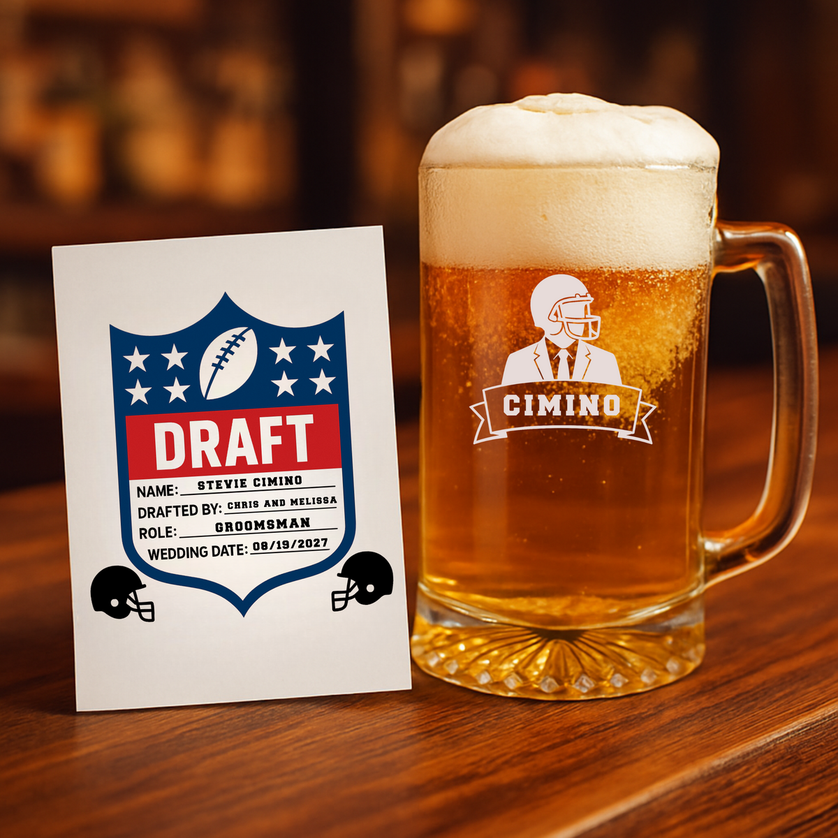 Personalized football draft groomsmen proposal set with custom card and engraved 25oz beer mug