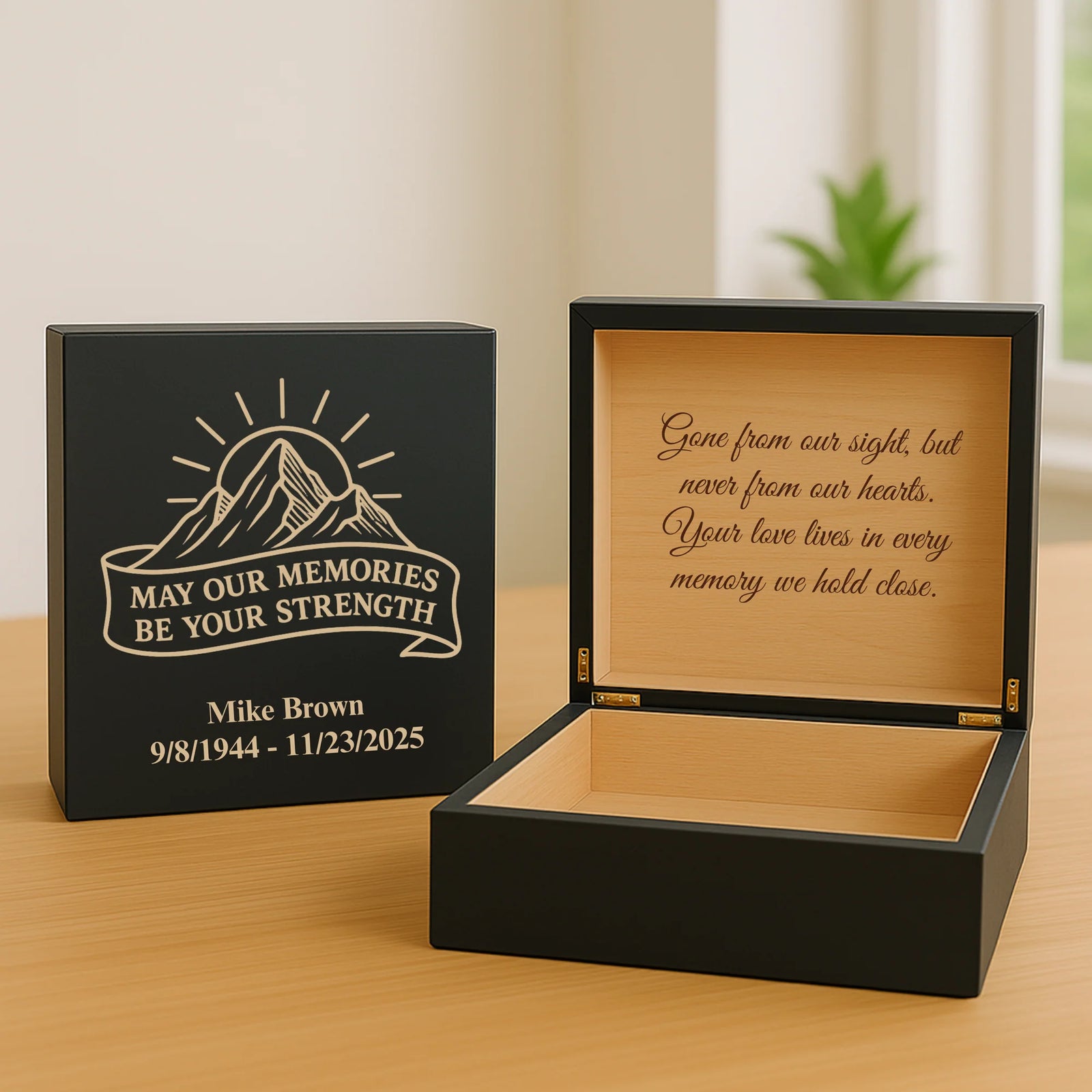 Custom wooden keepsake box for him with engraved name, memorial dates, and heartfelt interior message