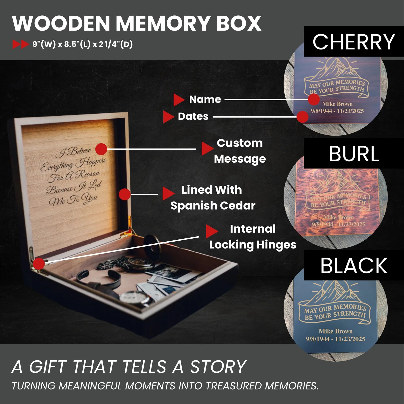 Custom wooden keepsake box for him with engraved name, memorial dates, and heartfelt interior message