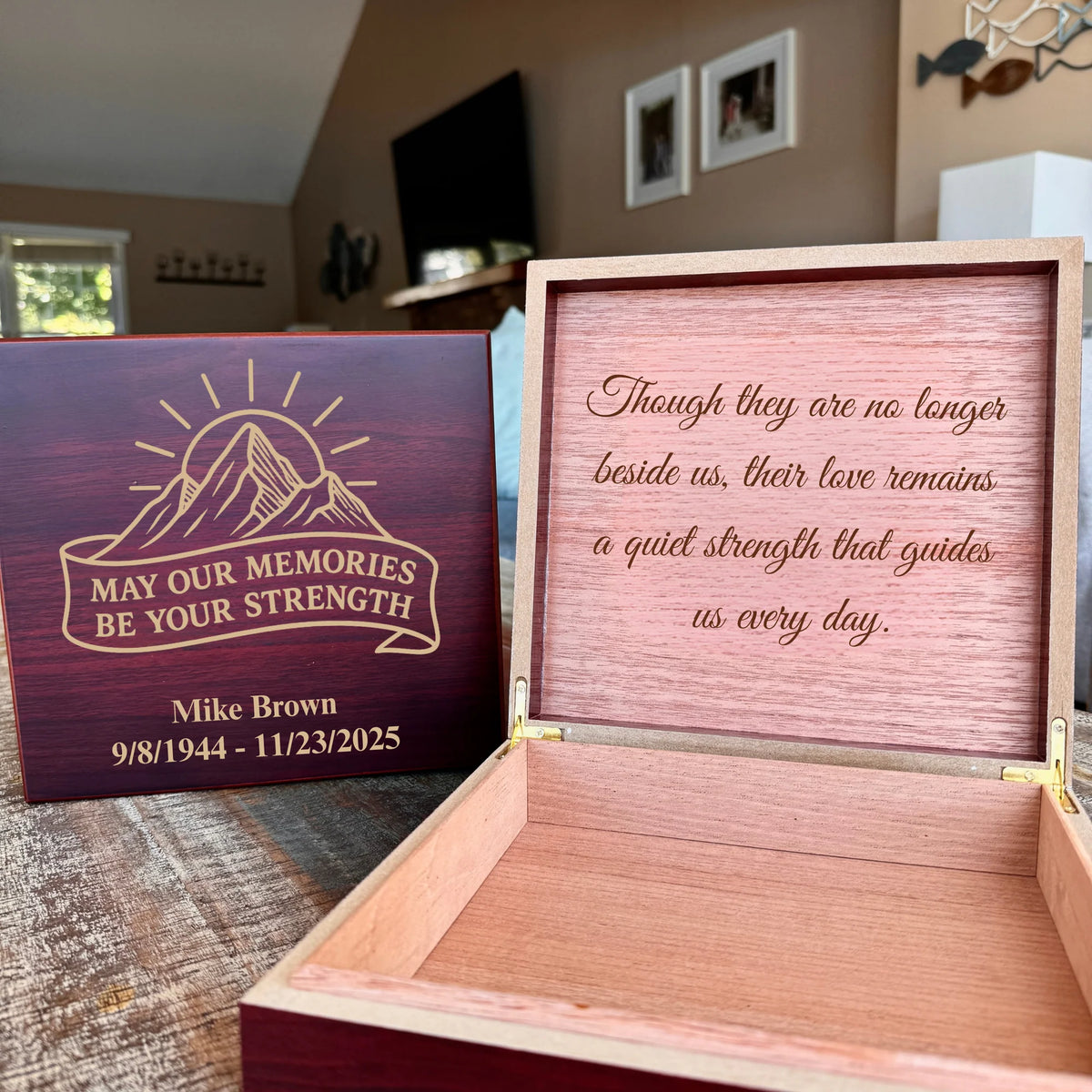 Custom wooden keepsake box for him with engraved name, memorial dates, and heartfelt interior message