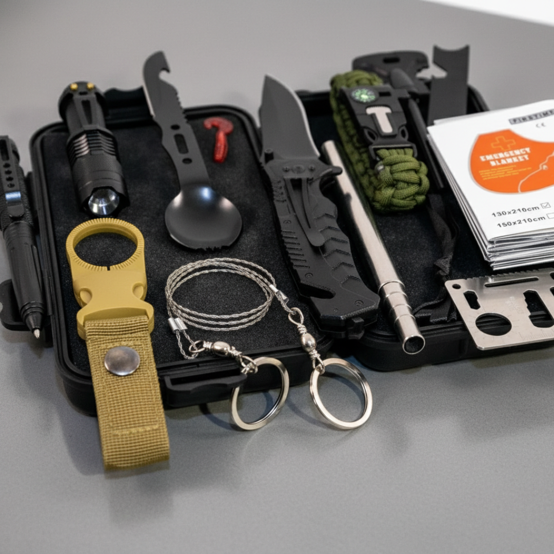 Survival kit contents displayed in black case showing flashlight, knives, yellow carabiner, wire saw, fire starter, tactical pen, compass bracelet, spoon, and emergency blanket with instruction card.