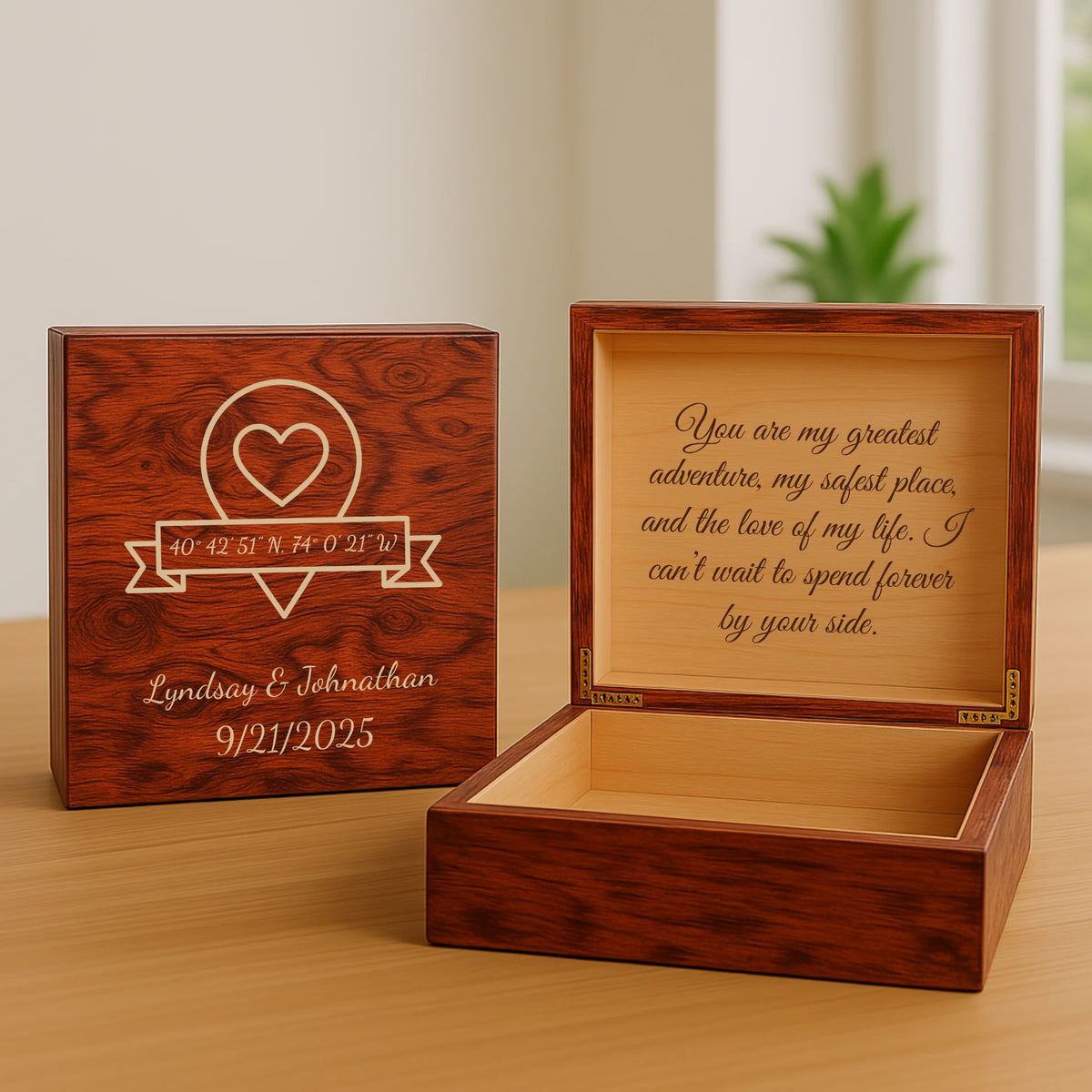 Custom wooden keepsake box for groom with engraved names, date, coordinates, and heartfelt message
