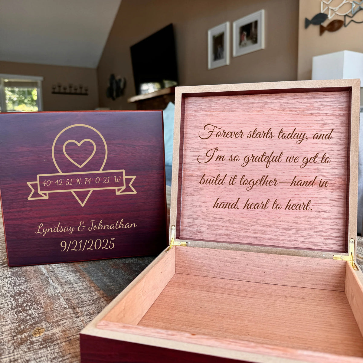 Custom wooden keepsake box for groom with engraved names, date, coordinates, and heartfelt message