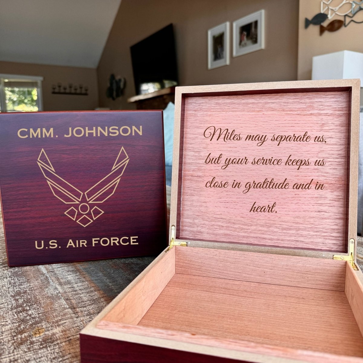 Engraved Air Force memory box with custom name and message, perfect for medals and photos