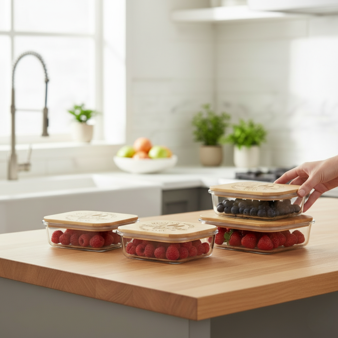 Three glass food storage containers with bamboo lids arranged on a wooden countertop, filled with raspberries and blueberries in a bright kitchen setting.