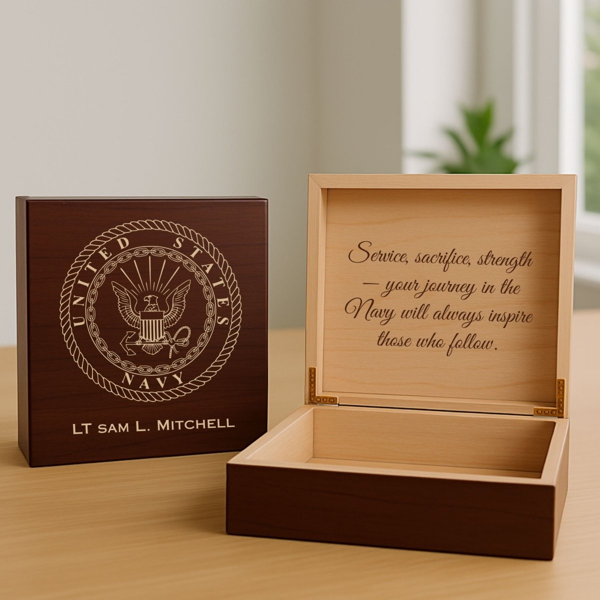 Engraved Navy keepsake box with emblem, personalized name, and cedar-lined interior