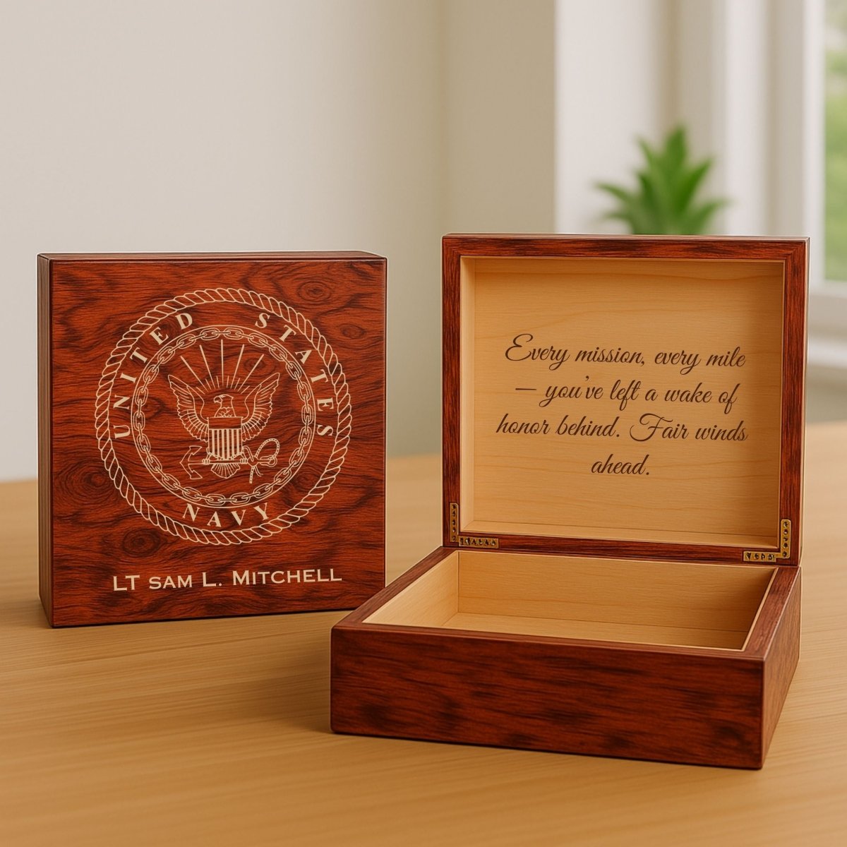 Engraved Navy keepsake box with emblem, personalized name, and cedar-lined interior